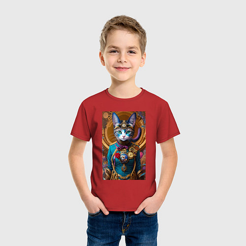 Детская футболка Кошечка в стиле стимпанк - нейросеть - искусство / Красный – фото 3