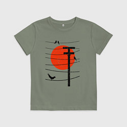 Футболка хлопковая детская Птицы на проводах и солнце, цвет: авокадо