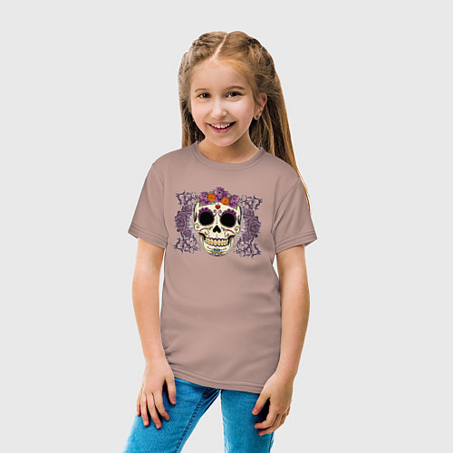 Детская футболка Мексиканский череп и фиолетовый розы / Пыльно-розовый – фото 4