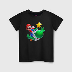 Футболка хлопковая детская Марио, Йоши и звезда, цвет: черный