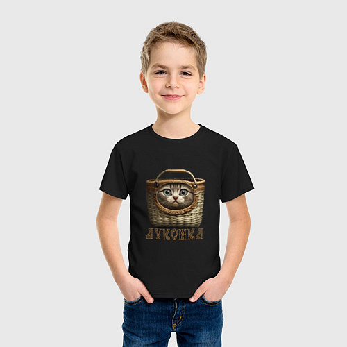 Детская футболка Кошка - луКОШКА корзинка мем / Черный – фото 3