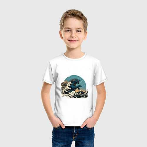 Детская футболка Годзилла в Большой волне у Канагавы / Белый – фото 3