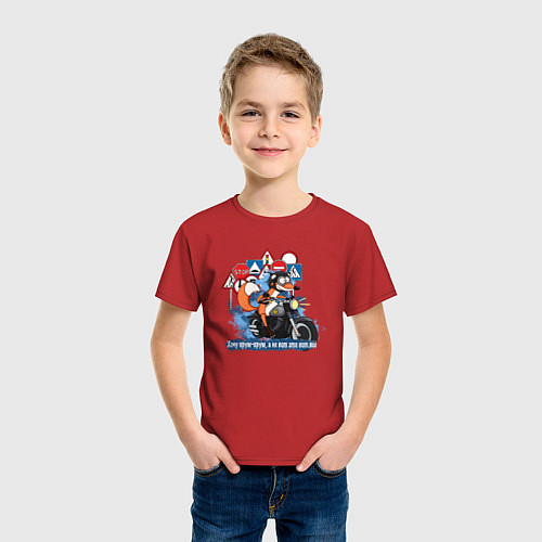 Детская футболка Прикольный лис байкер / Красный – фото 3