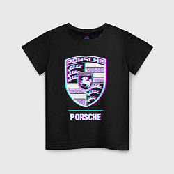 Футболка хлопковая детская Значок Porsche в стиле glitch, цвет: черный