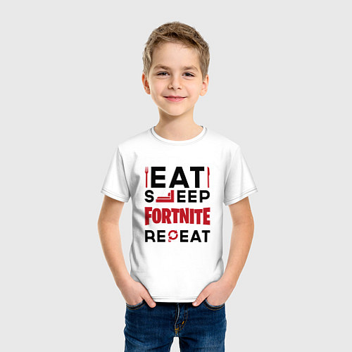 Детская футболка Надпись: eat sleep Fortnite repeat / Белый – фото 3