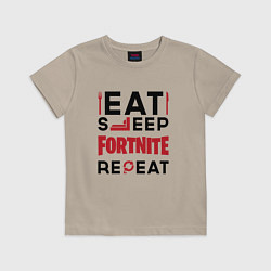 Футболка хлопковая детская Надпись: eat sleep Fortnite repeat, цвет: миндальный