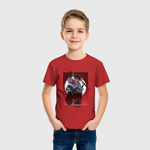 Детская футболка Танжиро с мечом - Клинок рассекающий демонов / Красный – фото 3