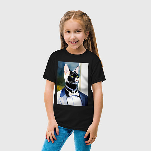 Детская футболка Кот-джентльмен - мем - нейросеть - акварель / Черный – фото 4