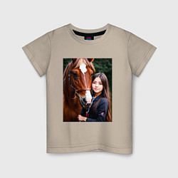 Футболка хлопковая детская Девочка с лошадью, цвет: миндальный