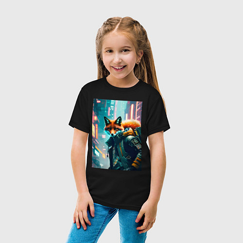 Детская футболка Лисица в большом городе - киберпанк / Черный – фото 4