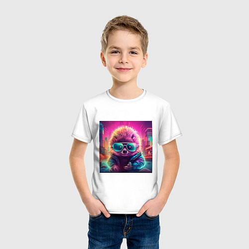 Детская футболка Антропоморфный еж в очках и куртке / Белый – фото 3