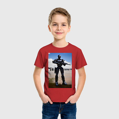 Детская футболка Робот-андроид с винтовкой / Красный – фото 3