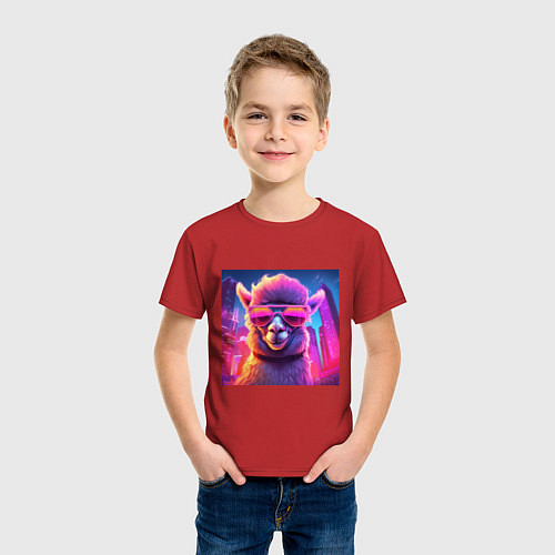 Детская футболка Лама в ярких лучах неона / Красный – фото 3