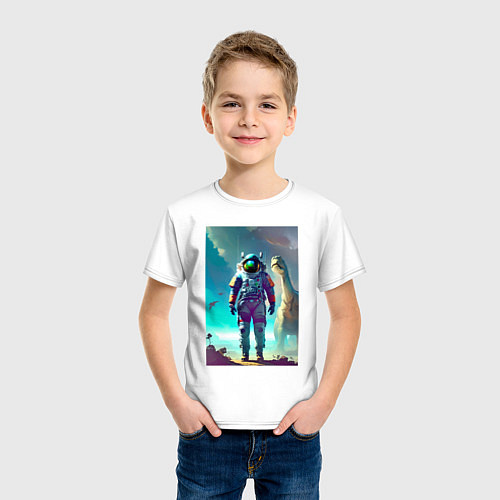 Детская футболка Космонавт на планете динозавров - нейросеть / Белый – фото 3