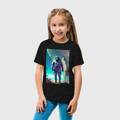 Детская футболка Космонавт на планете динозавров - нейросеть / Черный – фото 4