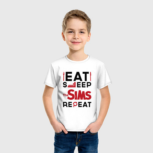 Детская футболка Надпись: eat sleep The Sims repeat / Белый – фото 3