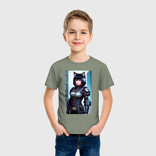 Детская футболка Девчонка-кошка - киберпанк - нейросеть / Авокадо – фото 3