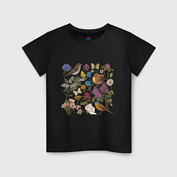 Футболка хлопковая детская Цветение и птички, цвет: черный