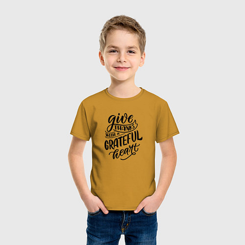 Детская футболка Леттеринг Give thanks whith a grateful heart / Горчичный – фото 3