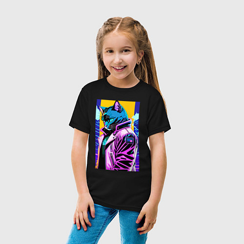 Детская футболка Задумчивый котик - поп-арт - нейросеть / Черный – фото 4