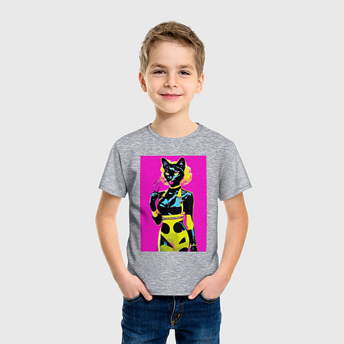 Детская футболка Black cat - fashionista - pop art - neural network / Меланж – фото 3