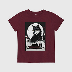 Футболка хлопковая детская Волк в ночном городе - нейросеть, цвет: меланж-бордовый