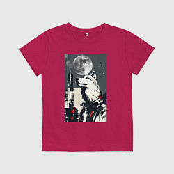 Футболка хлопковая детская Волк на фоне луны - мегаполис - нейросеть, цвет: маджента