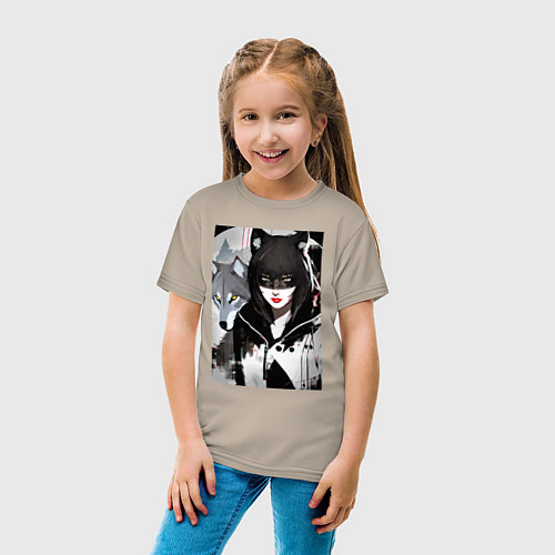 Детская футболка Девушка и волк - нейросеть - фантазия / Миндальный – фото 4