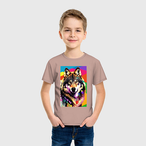 Детская футболка Красочный волк - поп-арт - нейросеть / Пыльно-розовый – фото 3