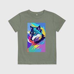 Футболка хлопковая детская Wolf - pop art - neural network, цвет: авокадо