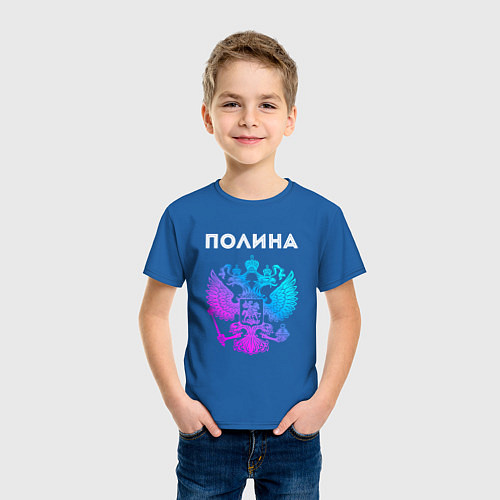 Детская футболка Полина и неоновый герб России: символ и надпись / Синий – фото 3