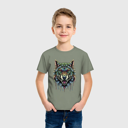 Детская футболка Разноцветная голова волка / Авокадо – фото 3