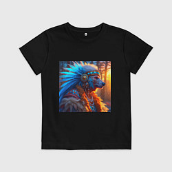 Футболка хлопковая детская Медведь-индеец от нейросети, цвет: черный