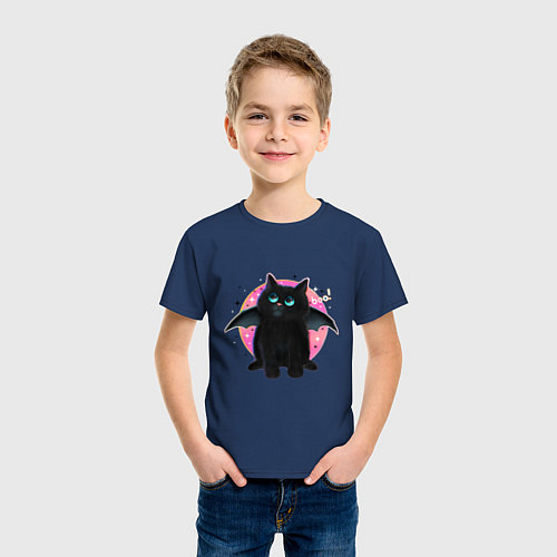 Детская футболка Черный котенок летучая мышь хэллоуин / Тёмно-синий – фото 3