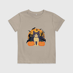 Футболка хлопковая детская Кот на хэллоуине, цвет: миндальный