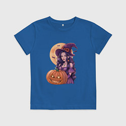 Футболка хлопковая детская Хэллоуин - ведьма с тыквой, цвет: синий