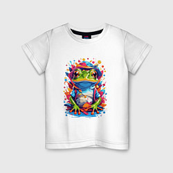 Футболка хлопковая детская Красочный лягушонок в одежде, цвет: белый
