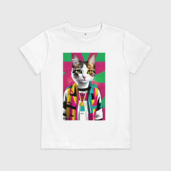 Футболка хлопковая детская Молодая кошечка - поп-арт - нейросеть, цвет: белый