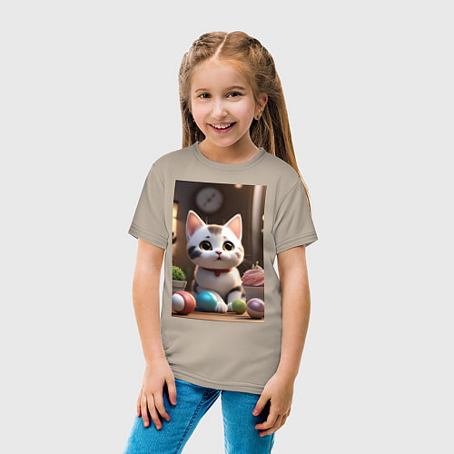 Детская футболка Милый мультяшный котёнок - нейросеть / Миндальный – фото 4