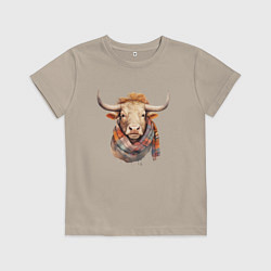 Футболка хлопковая детская Бык в шарфе осень, цвет: миндальный