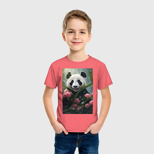 Детская футболка Панда в цветах под дождём - нейросеть / Коралловый – фото 3