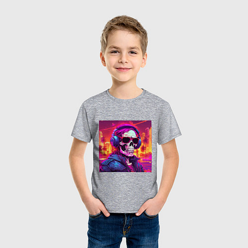 Детская футболка Скелет с неоновыми волосами в очках и наушниках / Меланж – фото 3