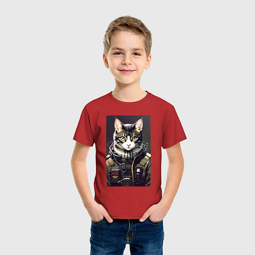 Детская футболка Крутой кот - киберпанк - нейросеть / Красный – фото 3