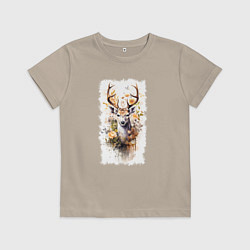 Футболка хлопковая детская Олень в цветах акварель, цвет: миндальный