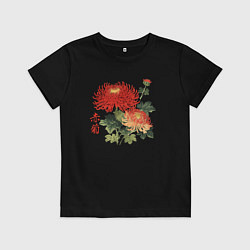 Футболка хлопковая детская Красные хризантемы, цвет: черный