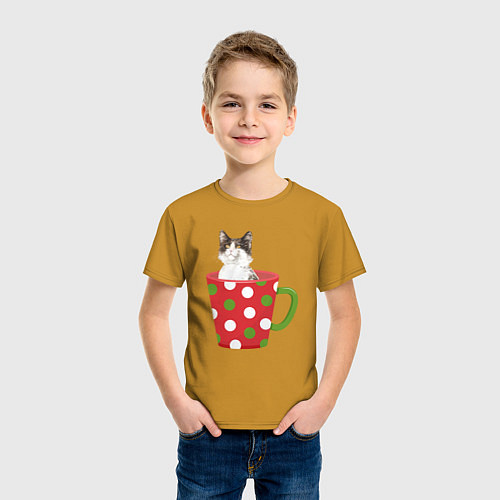 Детская футболка Кот в новогодней кружке / Горчичный – фото 3