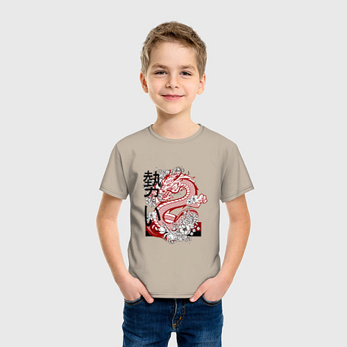Детская футболка Татуировка с японским иероглифом и драконом / Миндальный – фото 3