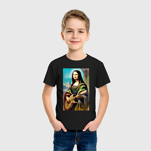 Детская футболка Мона Лиза лабает на гитаре / Черный – фото 3