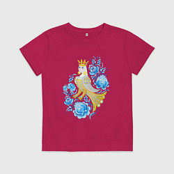 Футболка хлопковая детская Птица Сирин в цветах по мотивам гжельской росписи, цвет: маджента