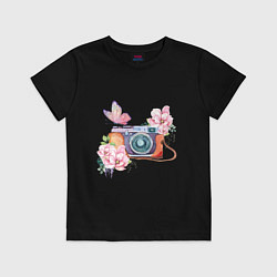 Футболка хлопковая детская Фотоаппарат в цветах и бабочки, цвет: черный